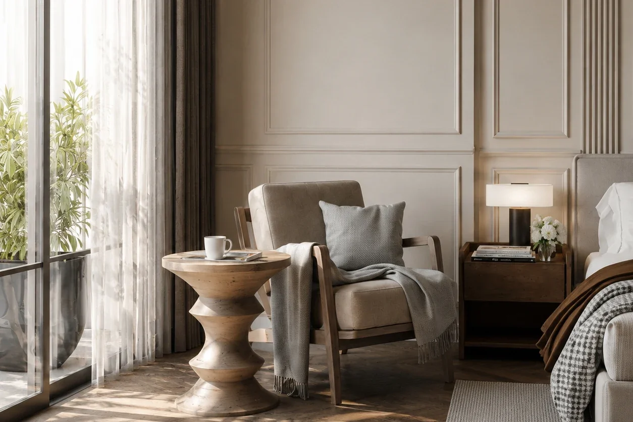 มุมนั่งพักริมหน้าต่างในห้องนอน — Penthouse Design Group