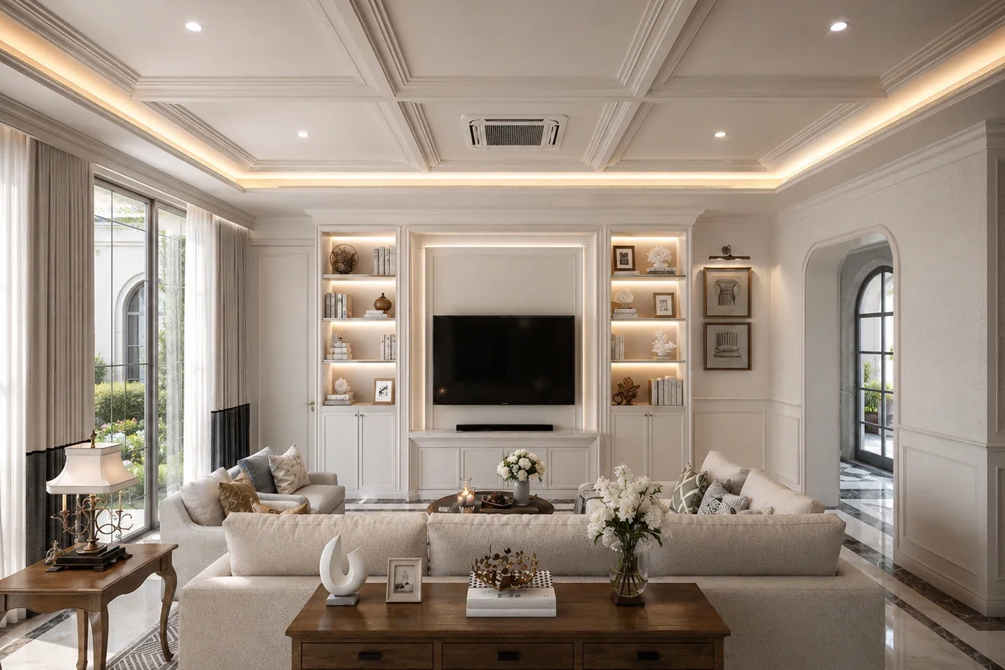 ห้องนั่งเล่นพร้อมโซฟาและตู้โชว์ — Green Valley Lake House
