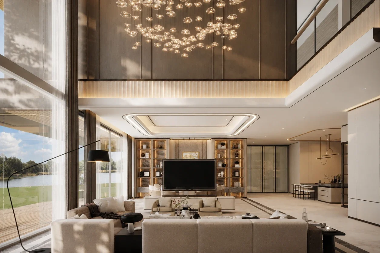 ห้องนั่งเล่นและพื้นที่ส่วนกลางเพดานสูง — The Lake House