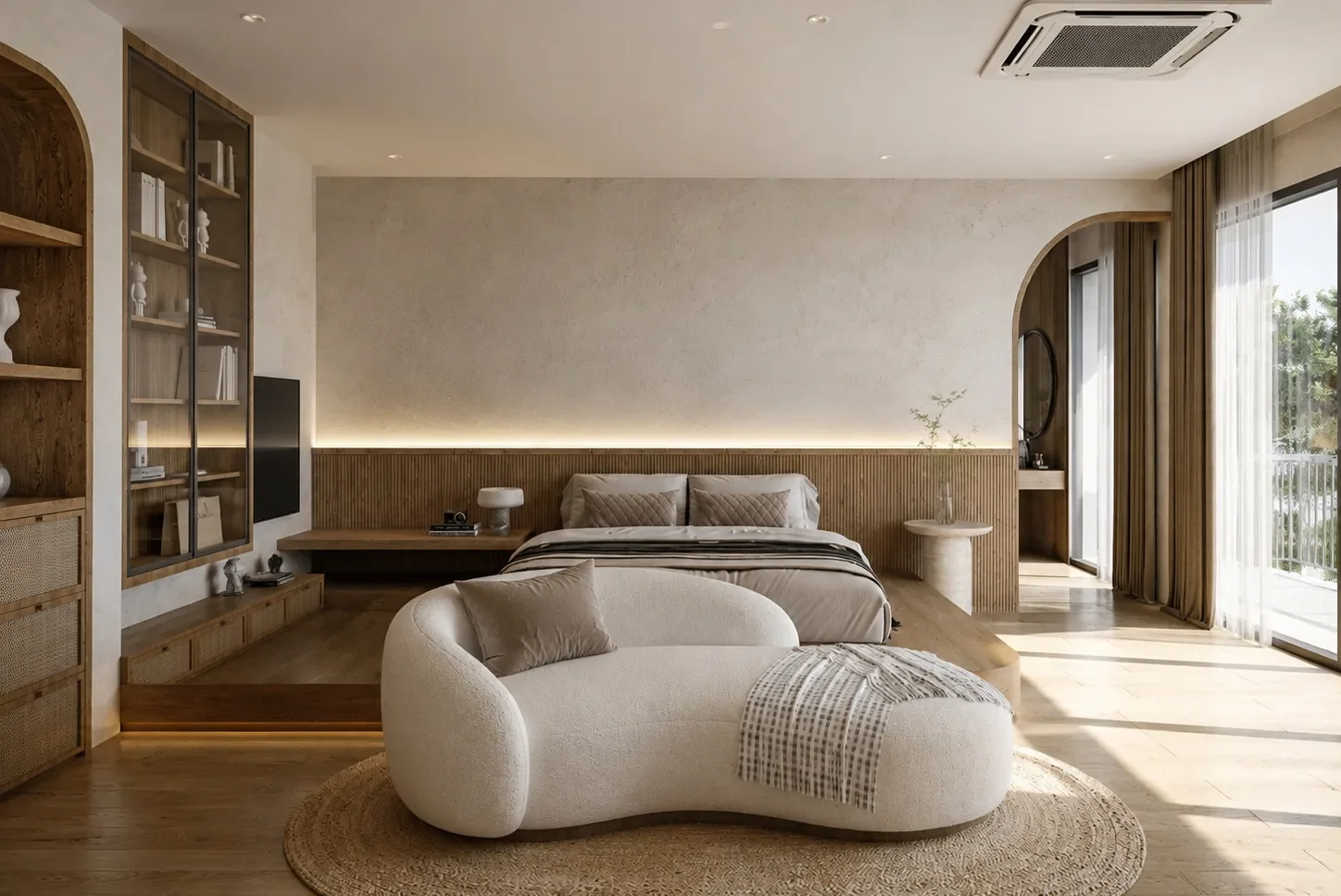 ห้องนอนพร้อมโซฟาและผนังหัวเตียง — Theera House