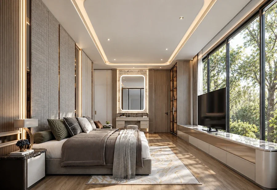 ห้องนอนใหญ่พร้อมเตียงและหน้าต่างกว้าง — Penthouse Design Group