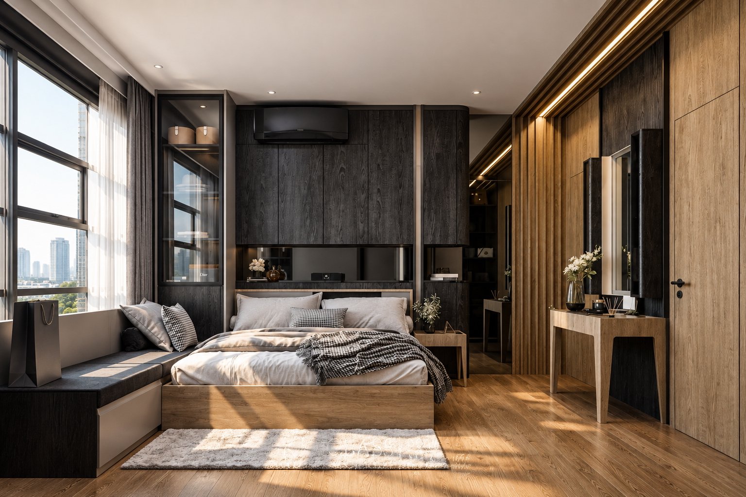 Project 3D rendering of the Baan Klang Krung Siam-Pathumwan bedroom with a bed, headboard storage and window seating