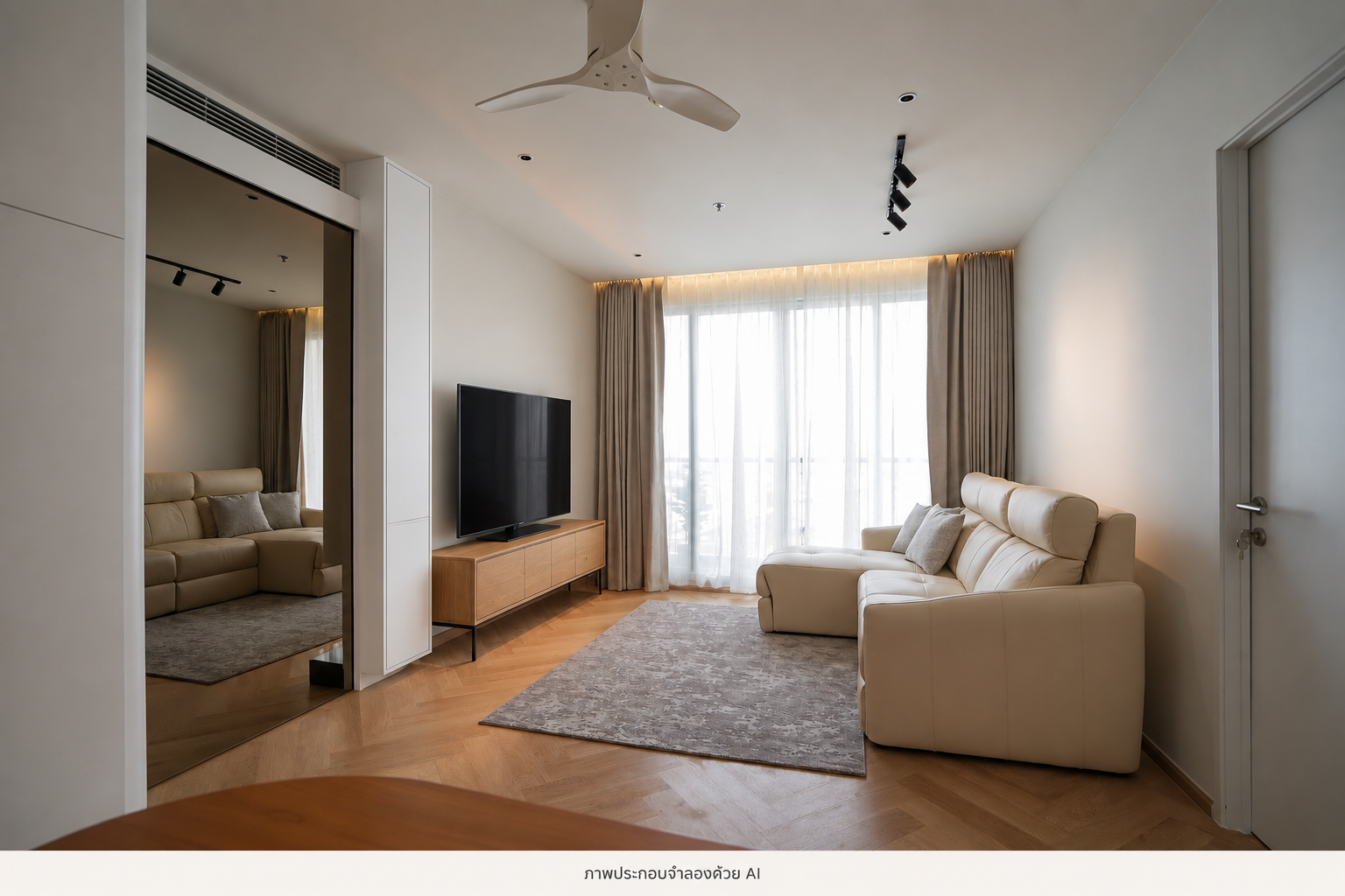 AI-generated conceptual illustration based on The Room Sathorn, combining targeted built-in storage with a freestanding TV cabinet