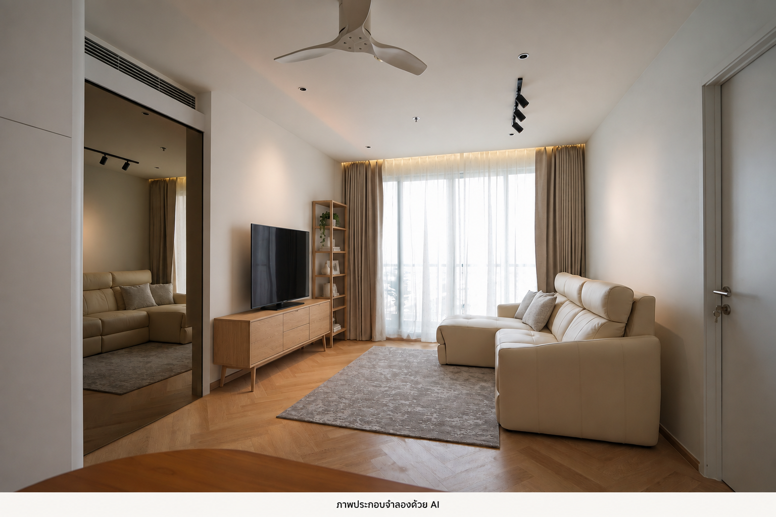 AI-generated conceptual illustration based on The Room Sathorn, replacing the TV cabinetry with a freestanding low cabinet and separate bookcase