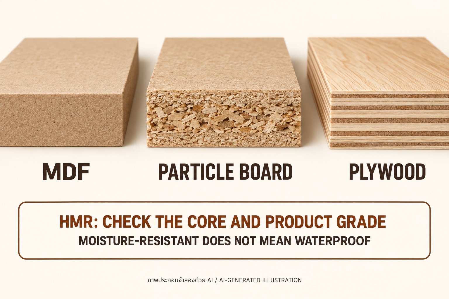 ภาพประกอบจำลองด้วย AI เปรียบเทียบเนื้อแผ่น MDF ชิ้นไม้ Particle Board และชั้นวีเนียร์ Plywood พร้อมข้อความให้ตรวจชนิดแกนและเกรด HMR