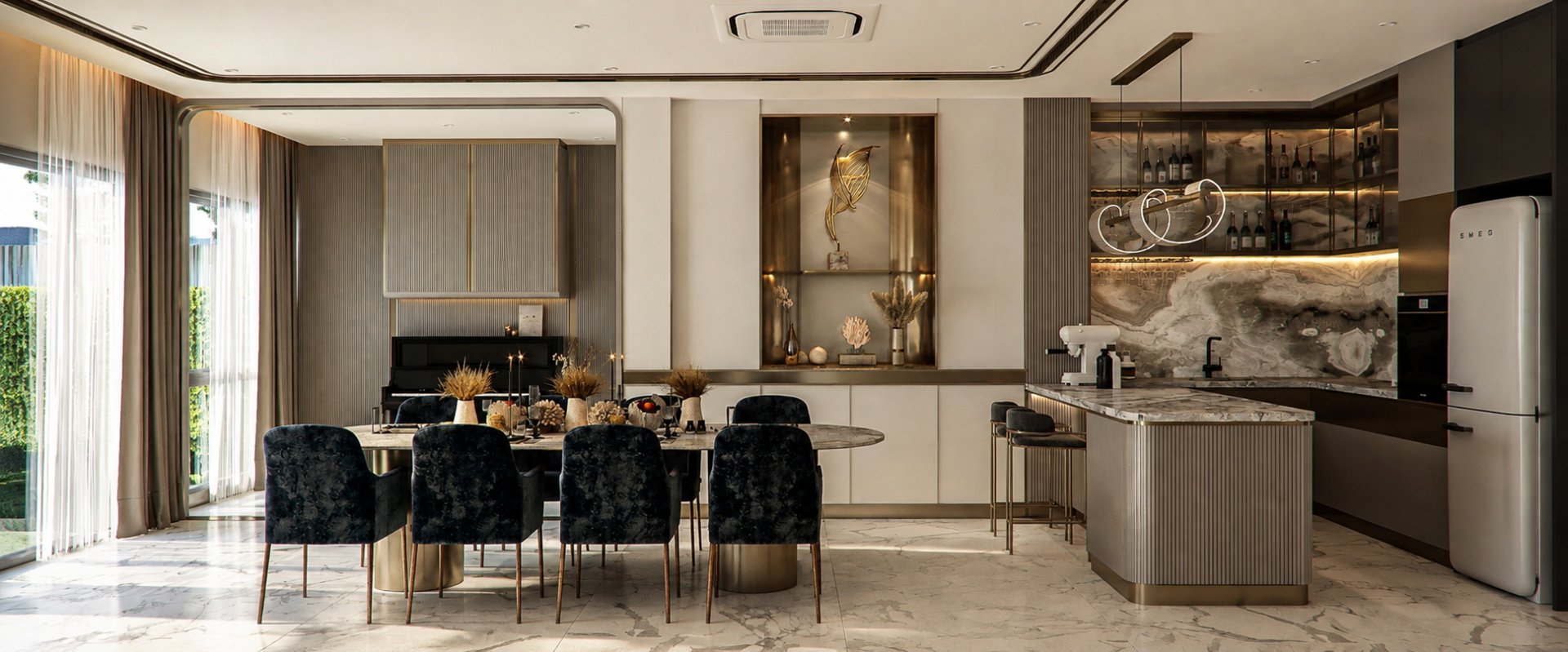 ภาพถ่ายงานจริง Bangkok Boulevard 59 แสดงตู้ Pantry เคาน์เตอร์อ่างล้าง และโต๊ะรับประทานอาหาร