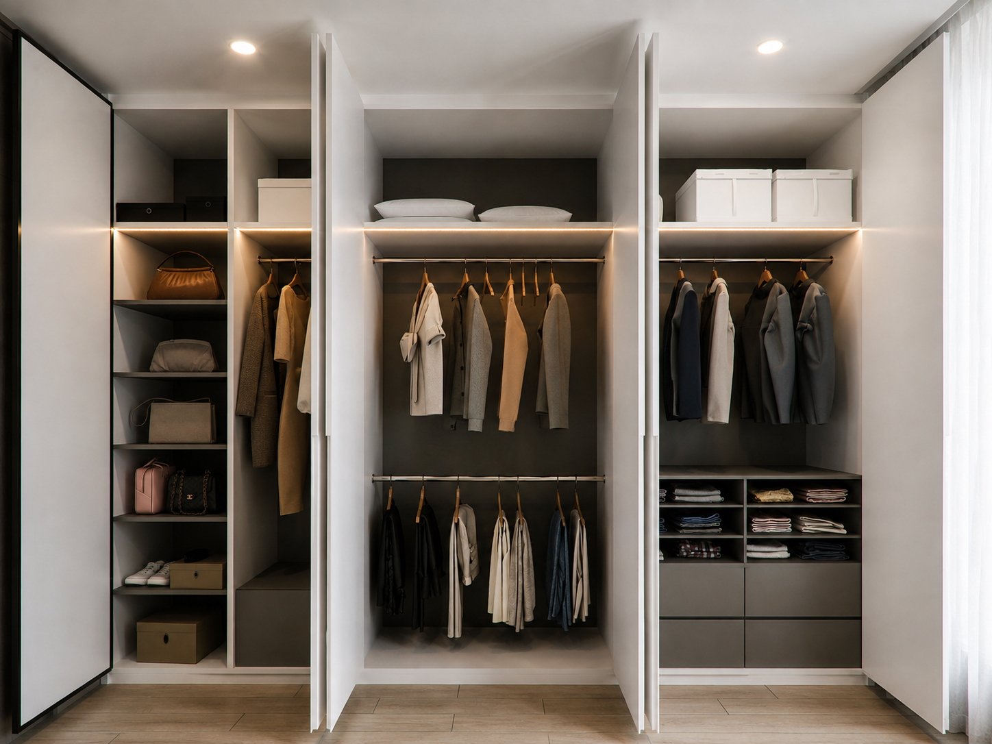 ภาพออกแบบ 3D โครงการ Noble Ploenchit แสดงราวแขวน ลิ้นชัก และช่องชั้นในตู้เสื้อผ้า