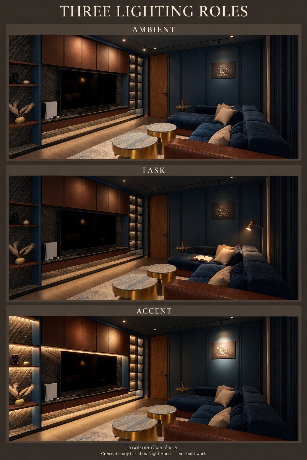 AI-generated conceptual variations based on Night House showing ambient, task and accent roles in the same room
