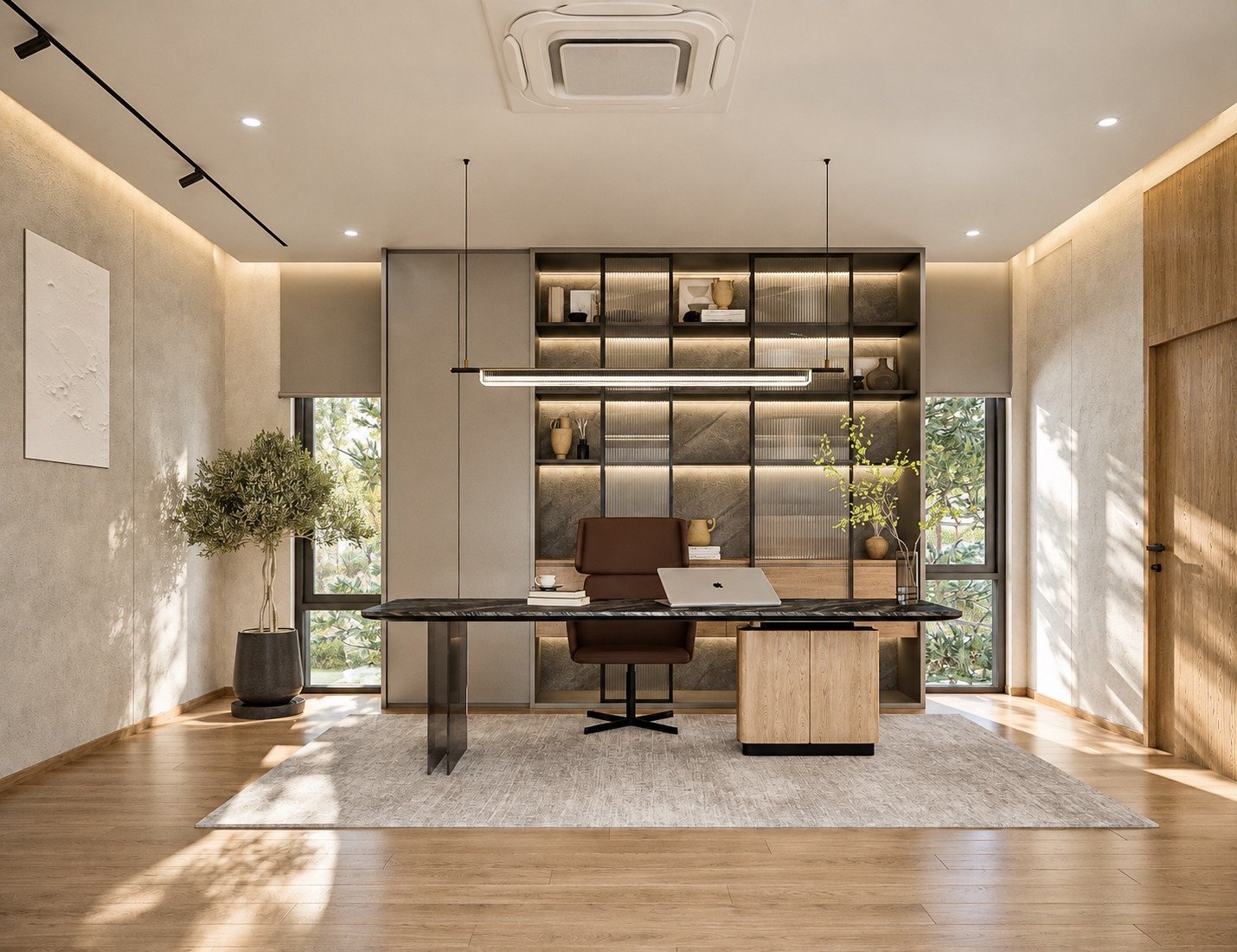 France House project 3D rendering of a study with a pendant above the desk, windows and illuminated display cabinetry