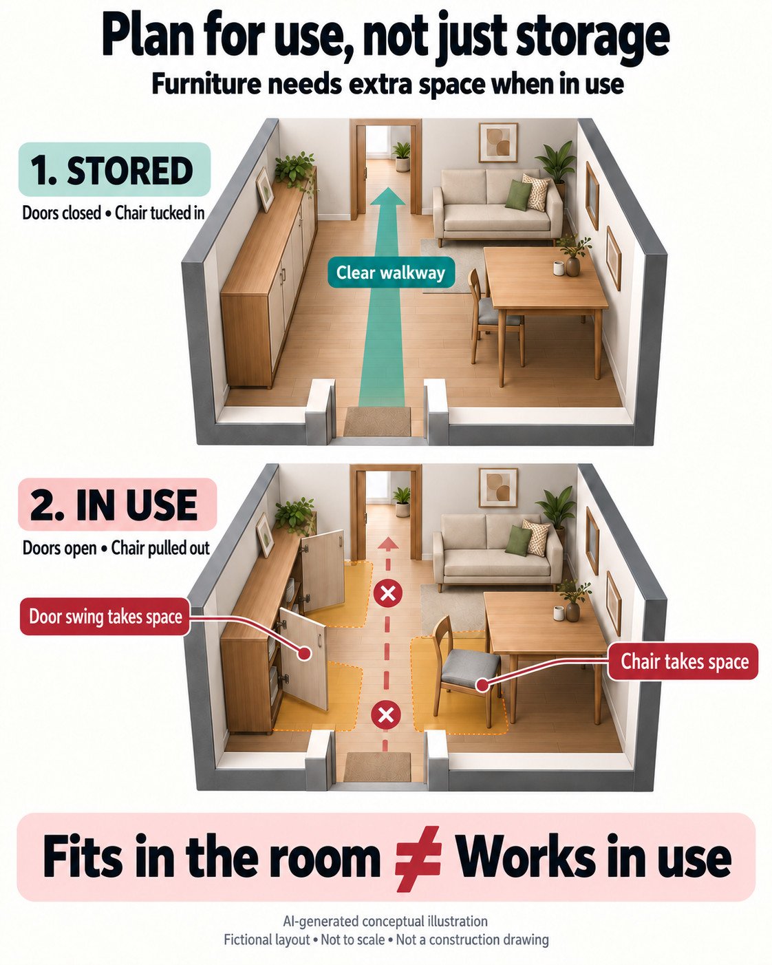 AI-generated illustration comparing closed storage and a tucked-in chair with open cabinet doors and a pulled-out chair encroaching on circulation space