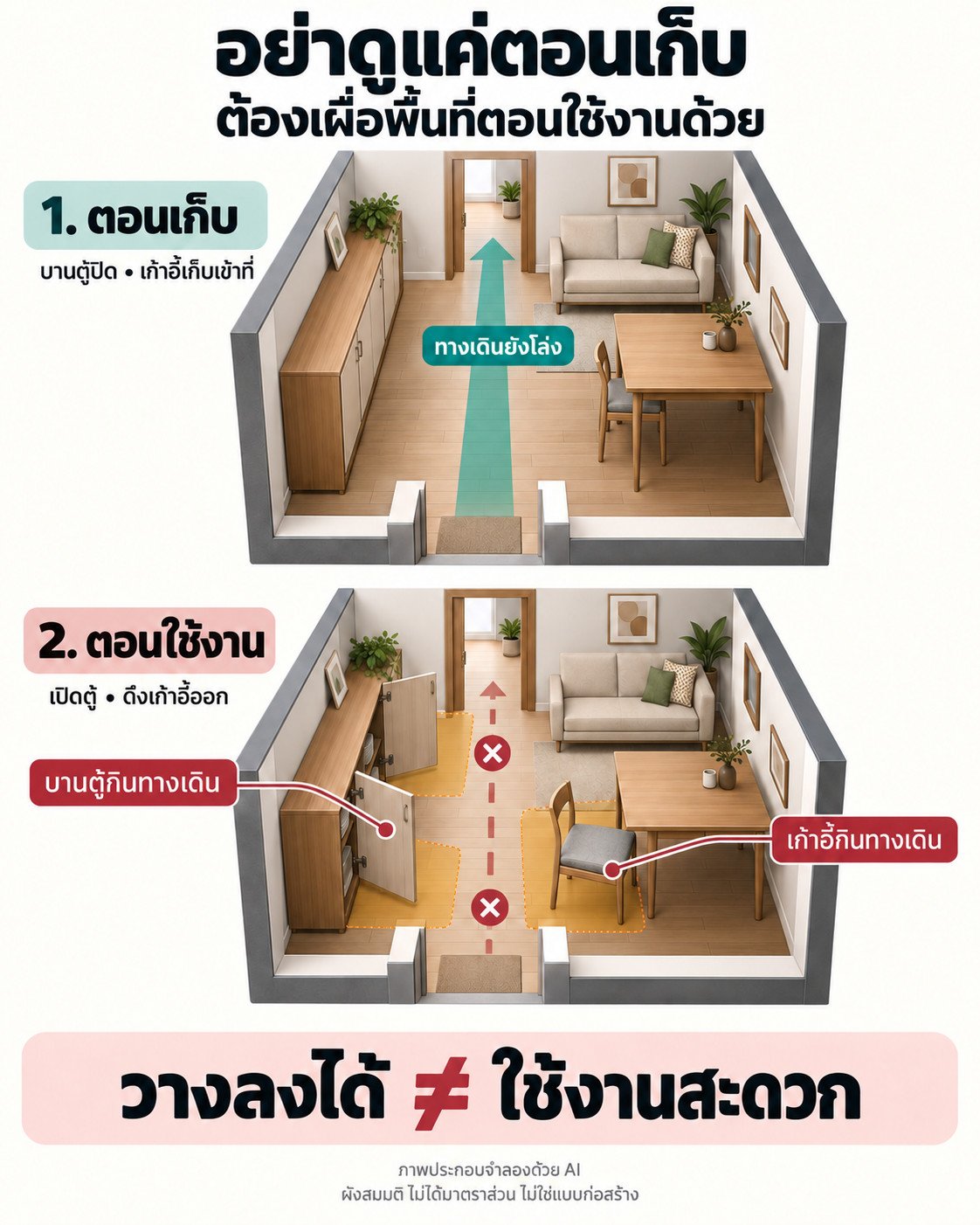 ภาพประกอบจำลองด้วย AI เปรียบเทียบห้องขณะปิดตู้และเก็บเก้าอี้ กับขณะเปิดบานตู้และดึงเก้าอี้จนใช้พื้นที่ทางเดินเพิ่ม