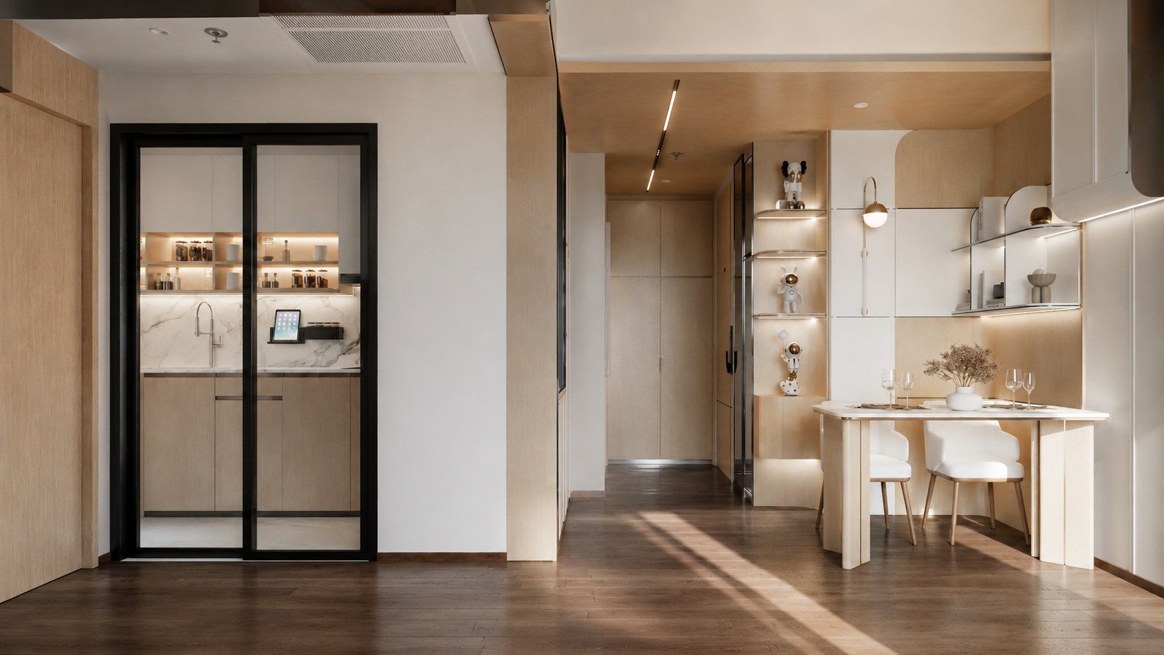 Ideo Q Sukhumvit 36 project 3D rendering showing a glazed kitchen partition, cabinetry and a table in a connected space