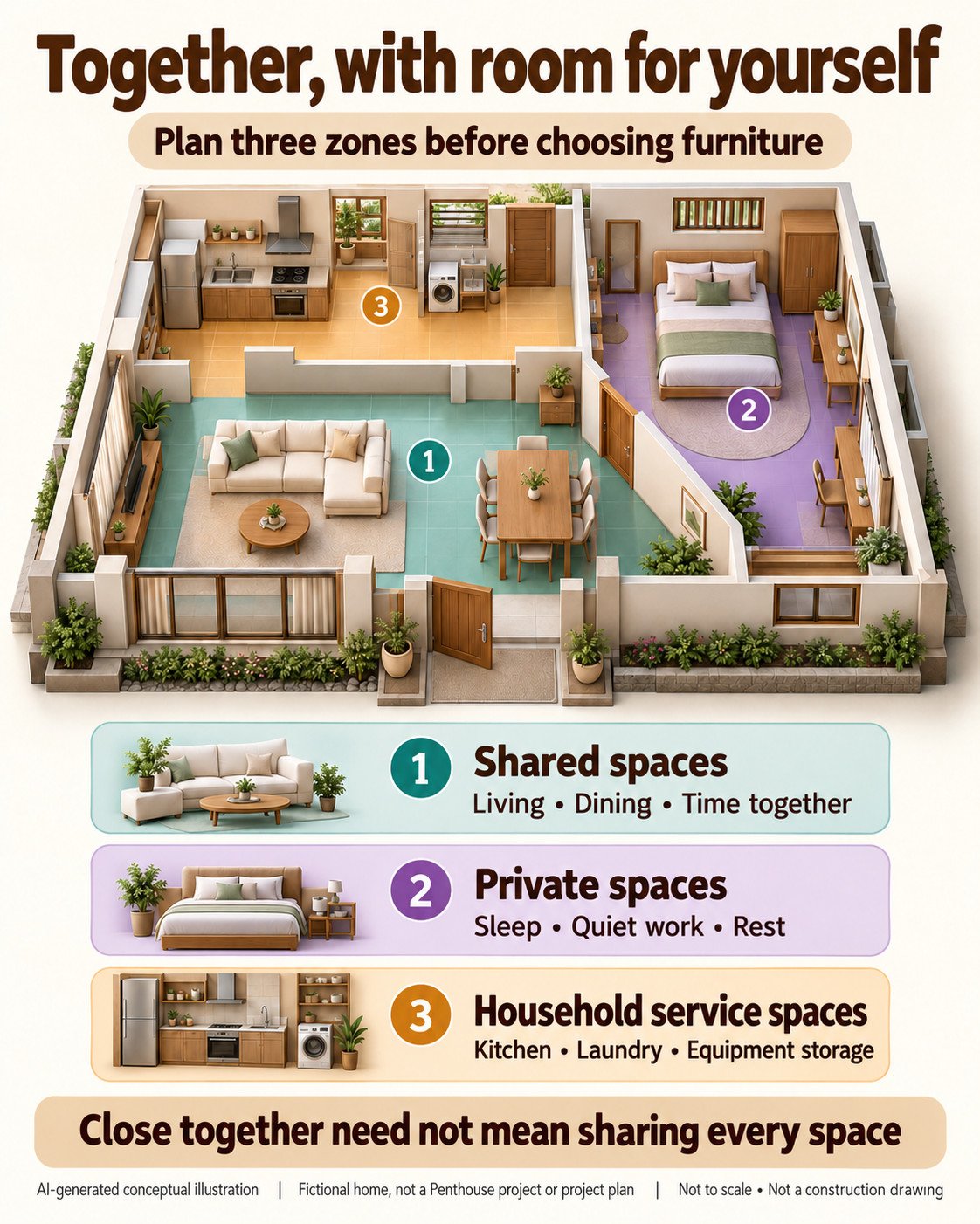 AI-generated conceptual home showing teal shared space, a purple private room and amber kitchen and laundry space