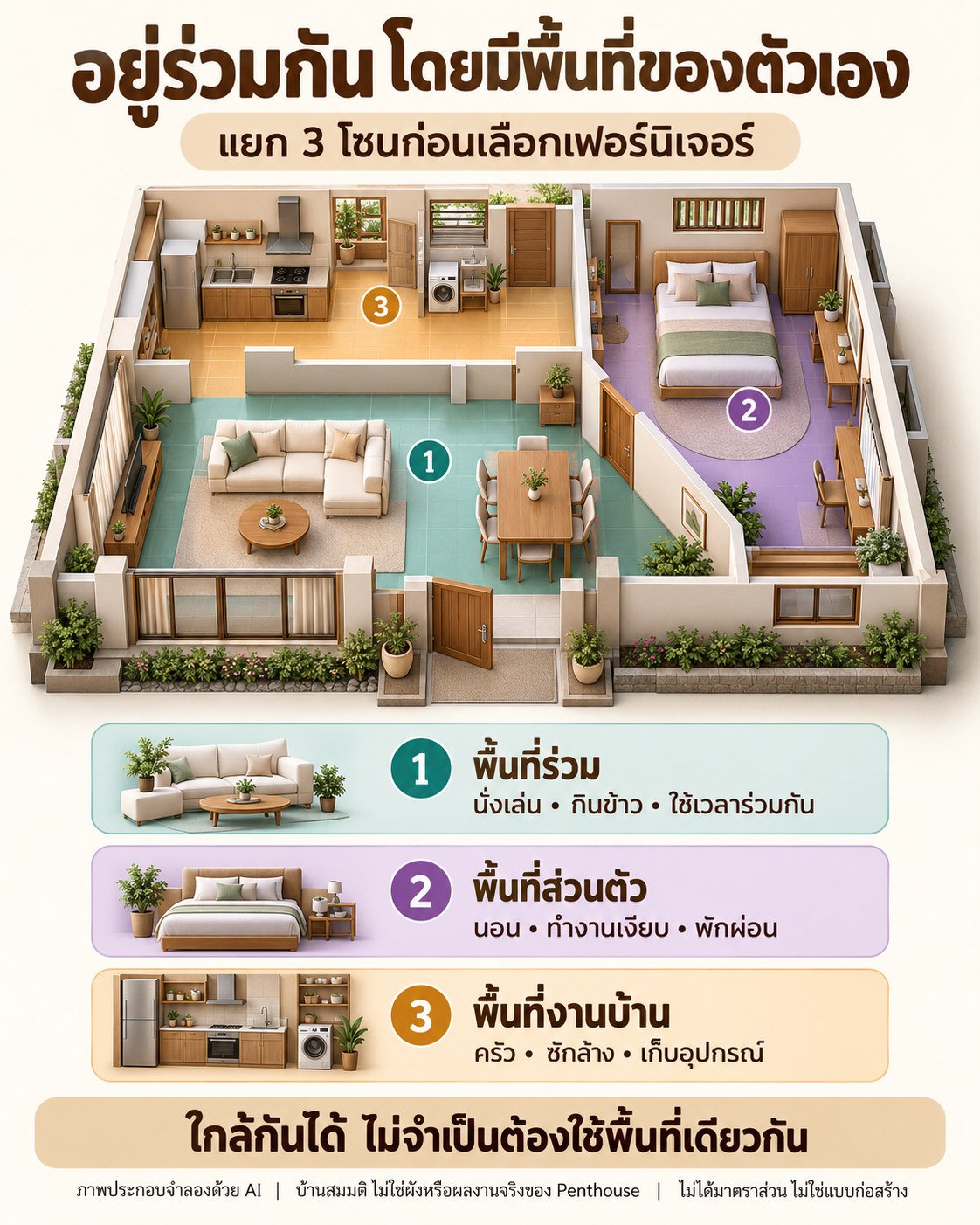 ภาพประกอบจำลองด้วย AI แยกพื้นที่ร่วมสีเขียวอมฟ้า ห้องส่วนตัวสีม่วง และพื้นที่ครัวซักล้างสีอำพันในบ้านสมมติ