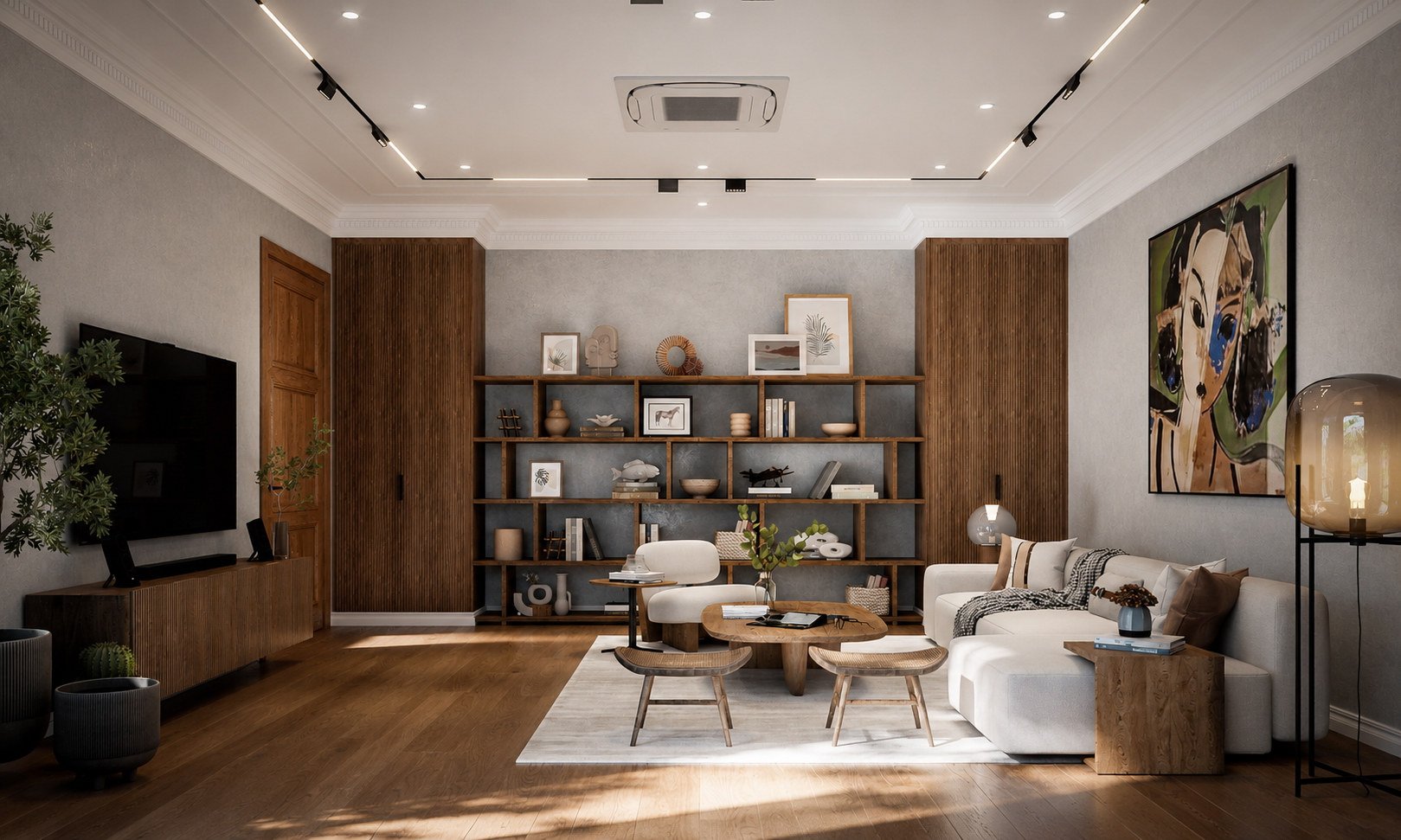 Original 3H Storey project 3D rendering of a multipurpose room with a sofa, separate seating and open shelving
