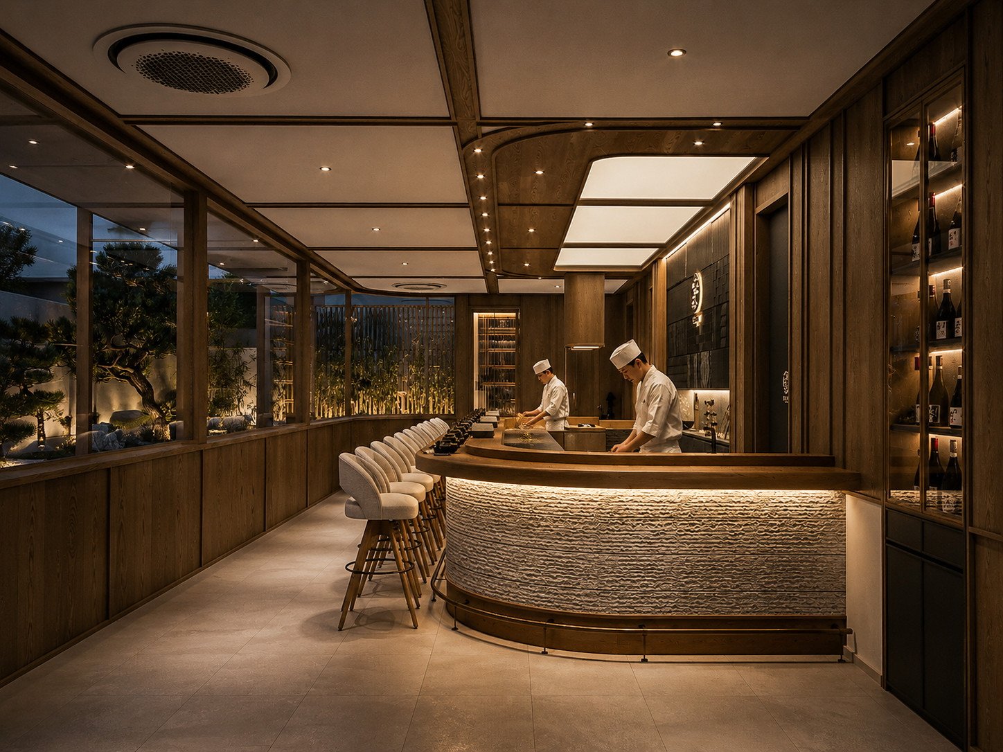 DO &middot; MA Omakase conceptual design showing a curved chef counter and seats facing the preparation area