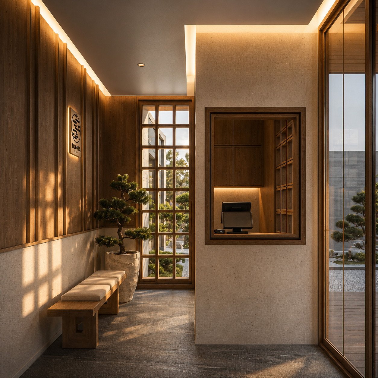 DO &middot; MA Omakase conceptual arrival area with a wall-side bench and daylight through a glazed entrance