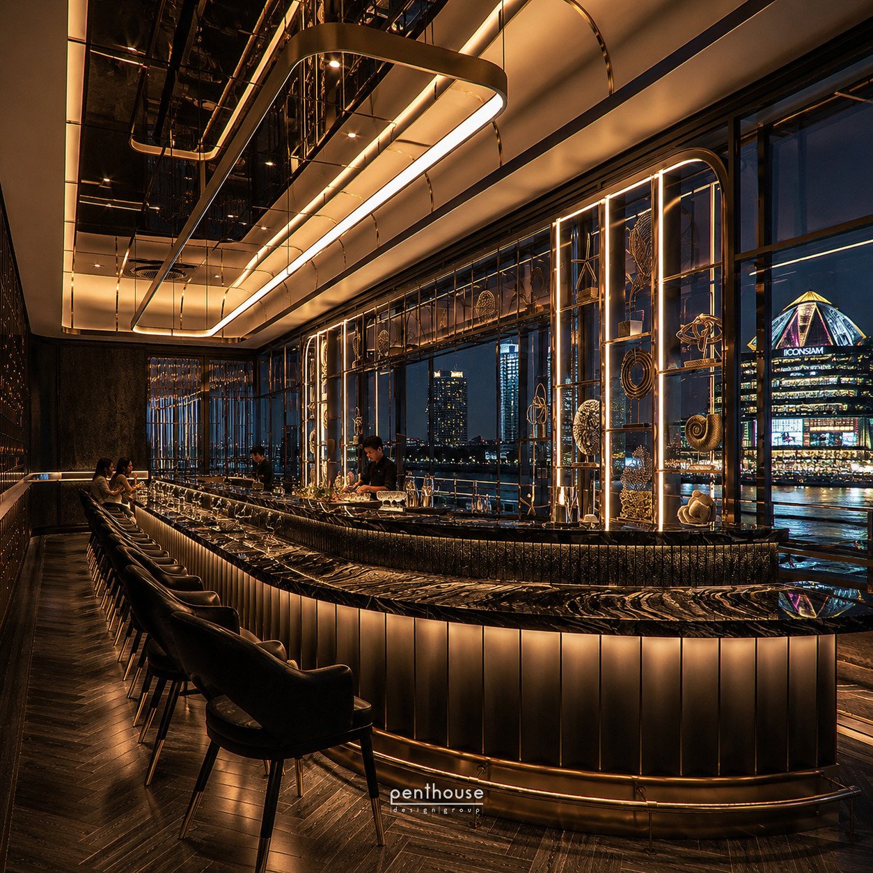 Rivaruk project 3D rendering of a long bar counter, bar stools and glazing towards the exterior