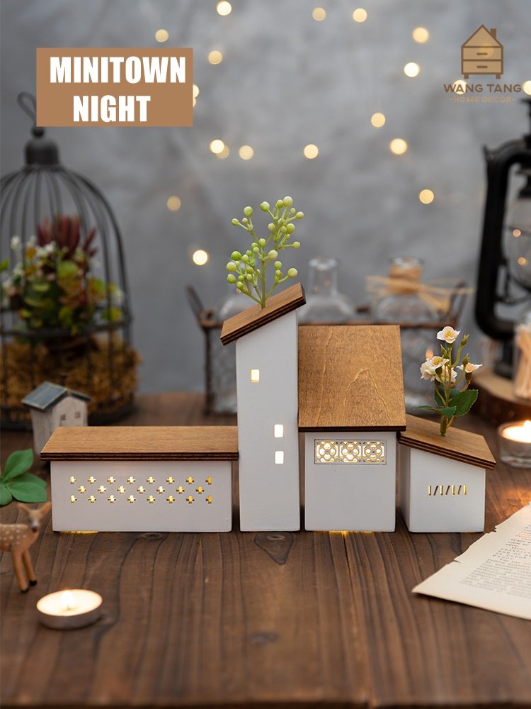 ของตกแต่งบ้านไม้ตั้งโต๊ะ เซ็ตของแต่งบ้าน Miniature Wooden : รุ่น MINITOWN NIGHT