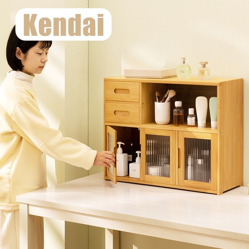 ตู้เก็บของอเนกประสงค์ตั้งโต๊ะแบบ3ประตู2ลิ้นชัก,ใส่เครื่องสำอางค์,ใส่แก้วน้ำ วัสดุไม้ไผ่ญี่ปุ่น รุ่น Kendai