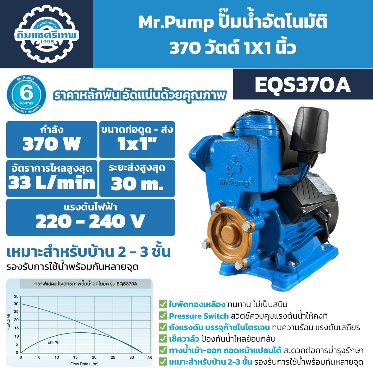 ปั๊มน้ำอัตโนมัติ Mr.Pump EQS370A 370W ท่อ 1 นิ้ว