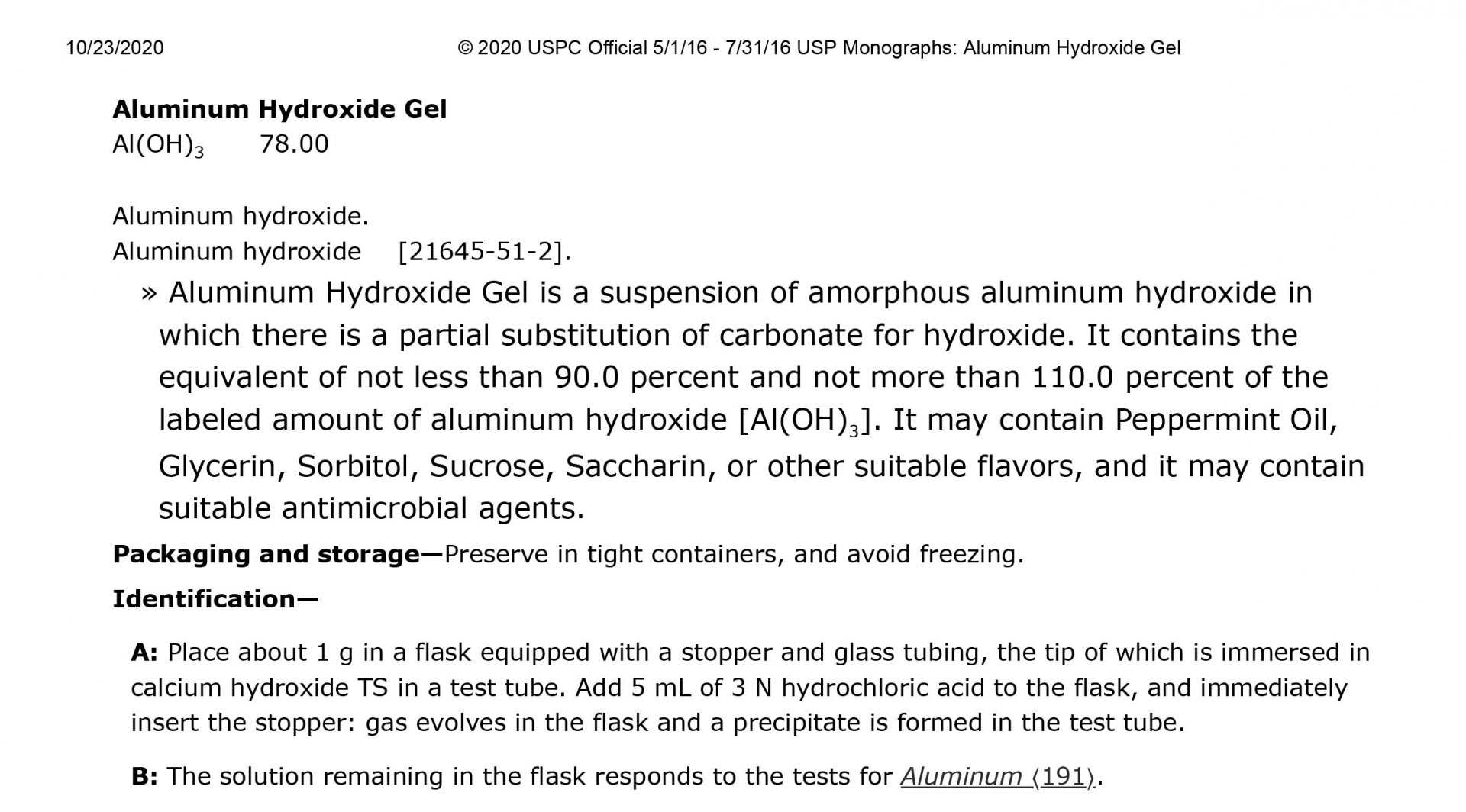 Aluminum hydroxide gel USP/BP