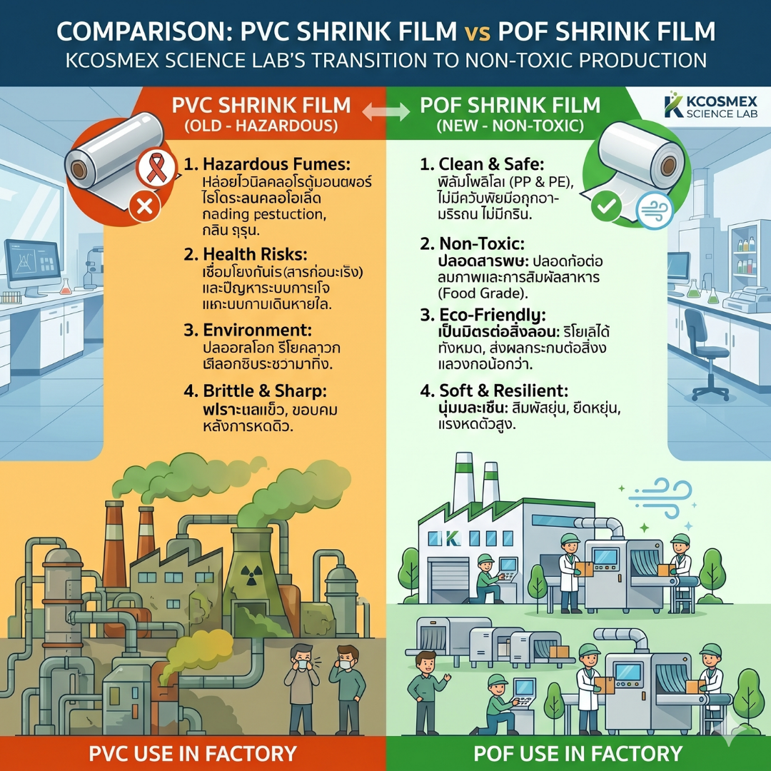 เจาะลึกความต่าง ฟิล์มหด PVC vs POF ทำไมโรงงานผลิตเครื่องสำอางยุคใหม่ต้องเปลี่ยน?