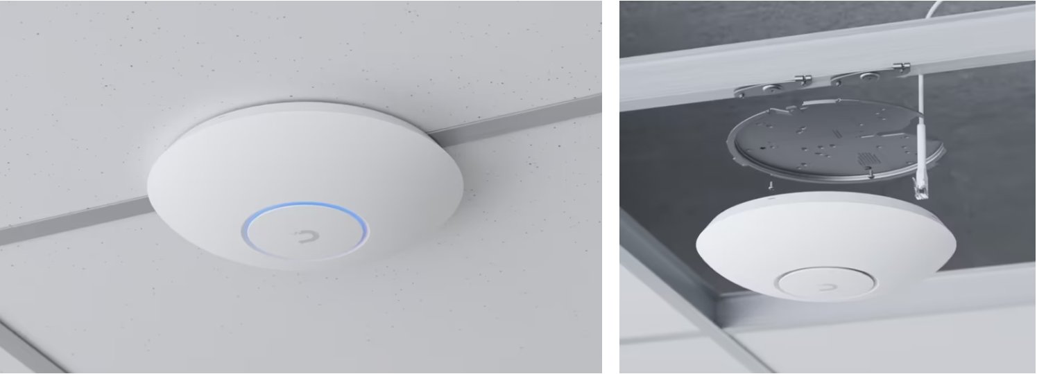 มุมดีไซน์ UniFi U7 Pro Max แสดงรูปทรงตัวเครื่องแบบ Ceiling Mount ดีไซน์บาง เรียบหรู สำหรับติดตั้งในองค์กร