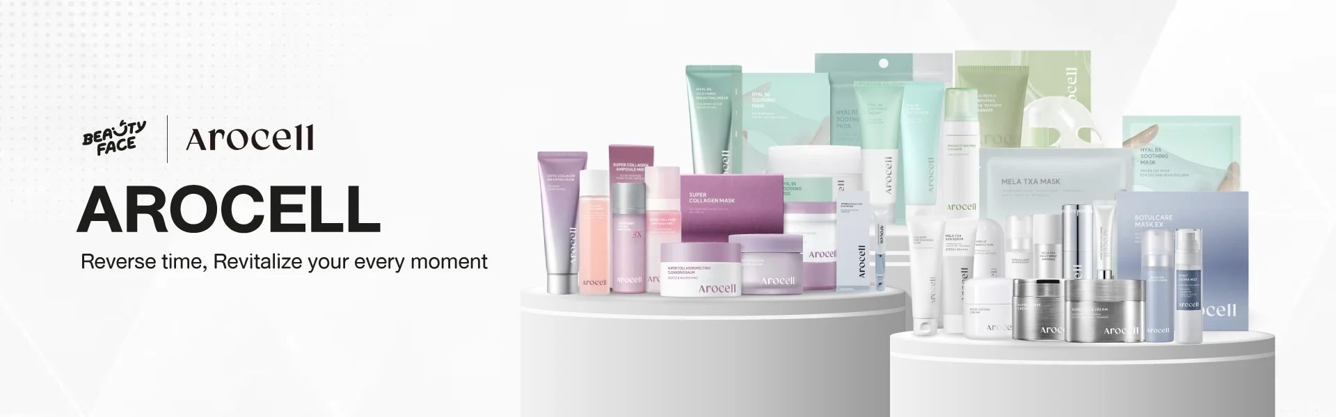 AROCELL Reverse Time, Revitalize every moment ผลิตภัณฑ์บำรุงผิวหลากหลายชนิด เช่น ครีม, เซรั่ม, และมาสก์ ในแพ็คเกจสีพาสเทลอ่อนๆ