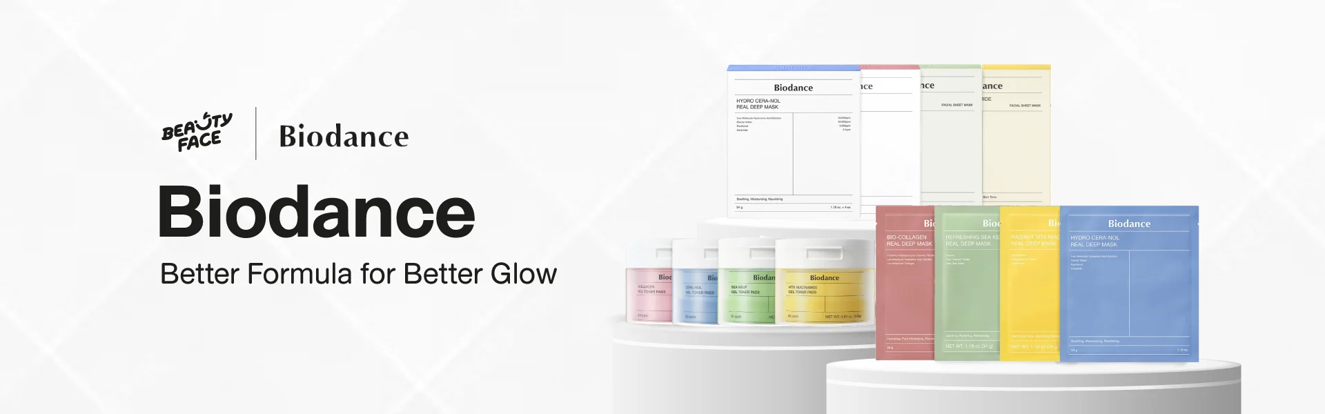 Biodance Better Formula for Better Glow แผ่นมาสก์หน้า Real Deep Mask สูตรต่างๆ เช่น Hydro Cera-Nol Real Deep Mask และ Bio-Collagen Real Deep Mask