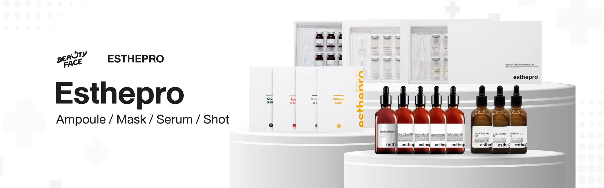 Esthepro ผลิตภัณฑ์ดูแลผิวระดับมืออาชีพประเภท Ampoule, Mask, Serum, และ Shot ซึ่งมาในรูปแบบขวดแก้วและกล่องบรรจุภัณฑ์สีขาว