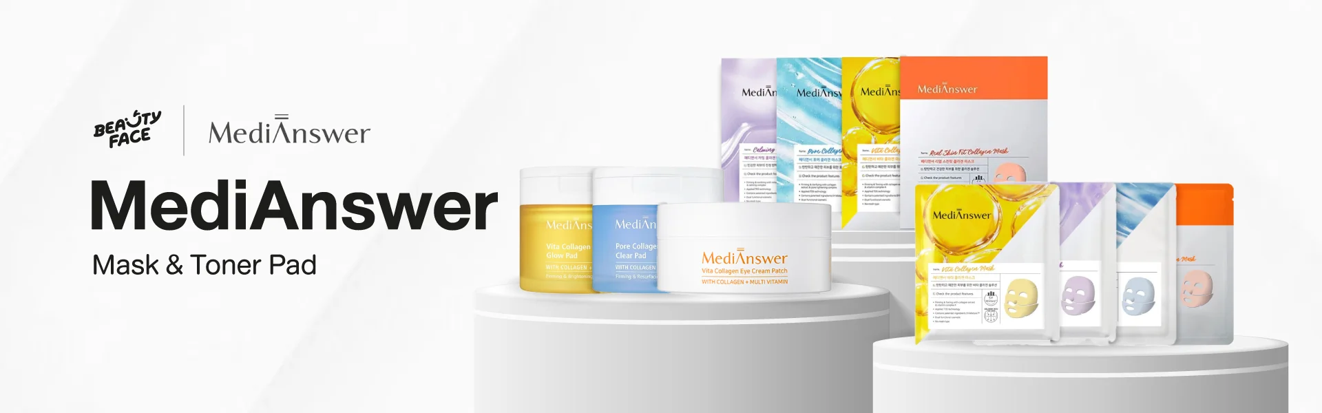 MediAnswer Mask และ Toner Pad ผลิตภัณฑ์บำรุงผิวประเภทมาสก์ชีทและโทนเนอร์แพดคอลลาเจน เช่น Vita Collagen Clear Pad และ Pore Collagen Clear Pad