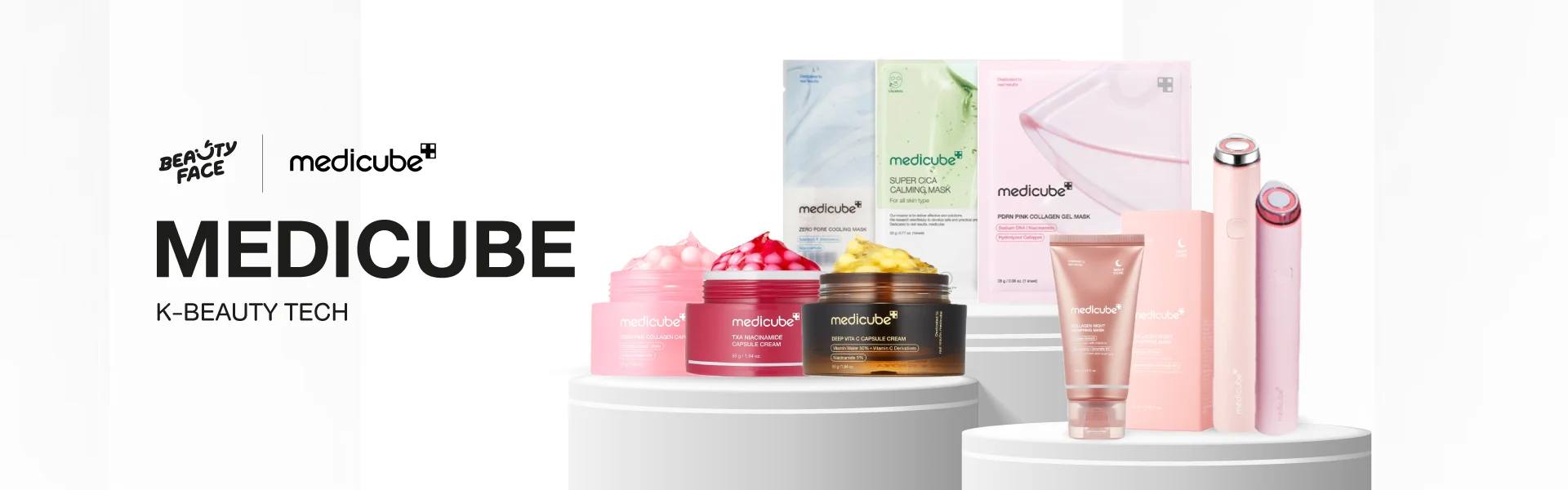 Medicube K-Beauty Tech อุปกรณ์ความงามและผลิตภัณฑ์บำรุงผิวเกาหลี เช่น Super Cica Calming Mask, Deep Vita C Cream, Triple Collagen Capsule Cream