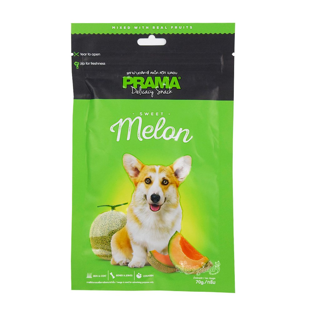 PRAMA Fruit พราม่า สแน็ค Melon ขนมสุนัขผสมเนื้อผลไม้จริง รสเมลอน บำรุงขน+กระดูก+คอลลาเจน (70G.)