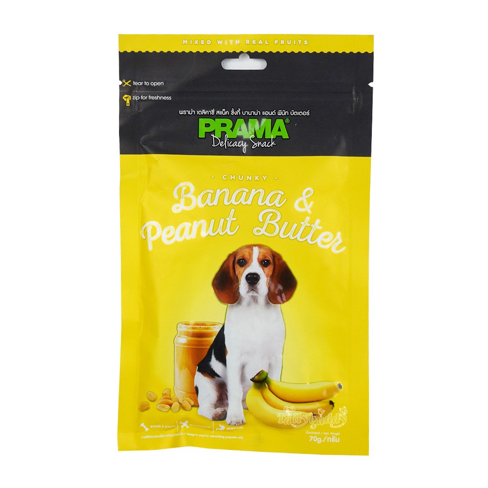 PRAMA Fruit พราม่า สแน็ค Banana&Peanut Butter ขนมสุนัขผสมเนื้อผลไม้ รสกล้วยเนยถั่ว บำรุงกระดูก+ระบบย่อย (70G.)