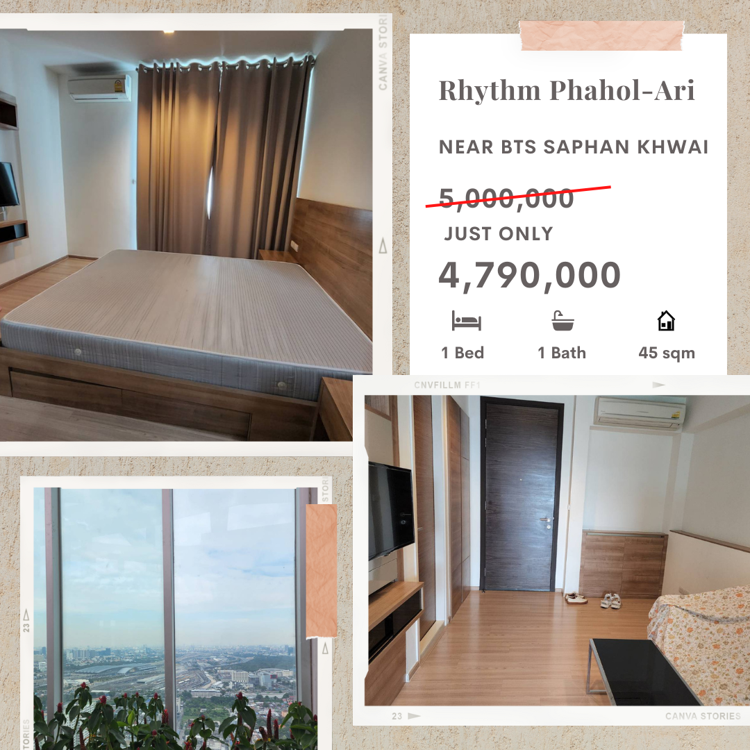 房间宽敞，性价比高 紧邻Phaholyothin路！！出售Rhythm Phahol-Ari公寓 45.45 平方米，特价！ 靠近 BTS Saphan Khwai