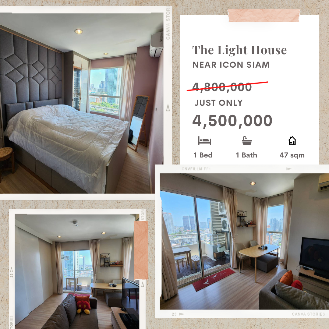 Spacious Balcony with River and BTS View!! 1BR 48 Sq.m Condo for SALE at The Light House Condo!! Walking Distance to Icon Siam!!