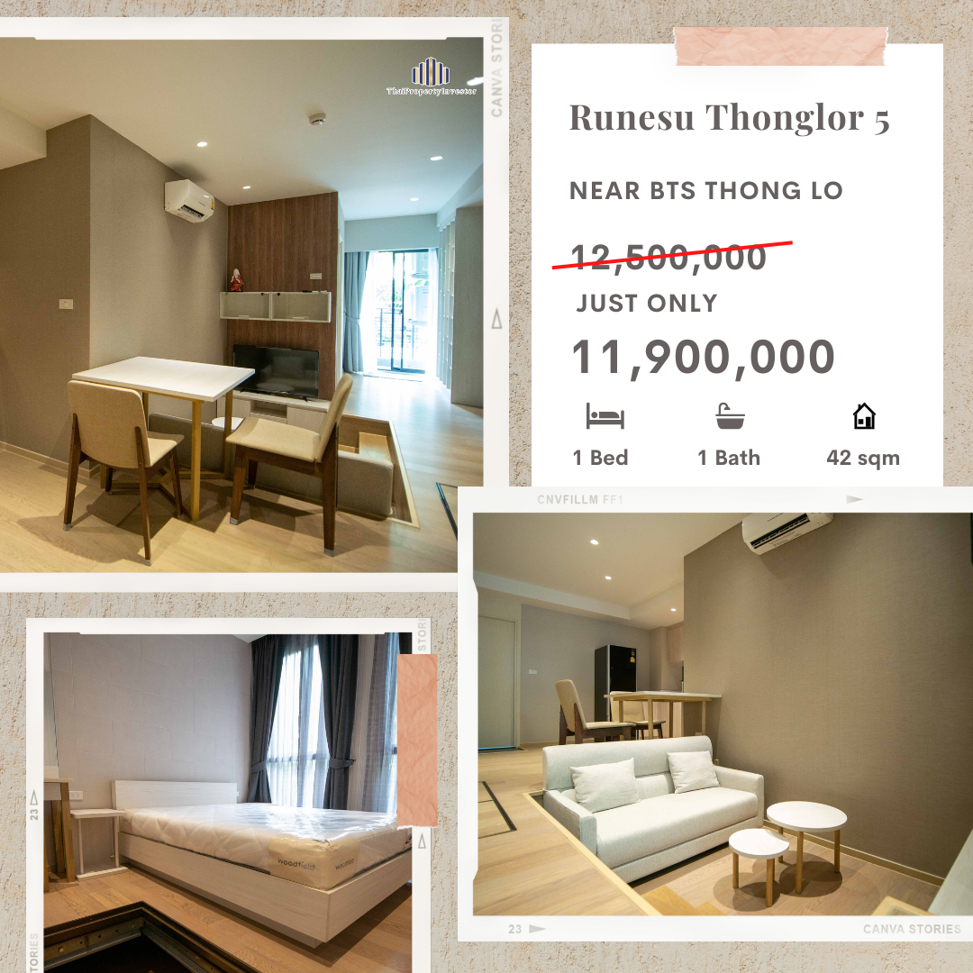 Located on the 2nd floor (one of the two special floors in the building with Japanese under floor storage) 42.73 SQ.M Room for SALE at Runesu Thonglor 5 Near BTS Thong Lo