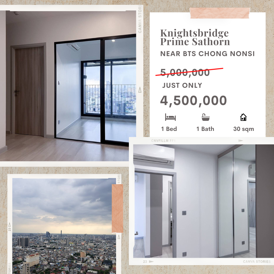 Luxury condos sold below bank appraisal prices and pre-sale prices!! Very good feng shui!! The owner has never lived as a first-hand Knightsbridge Prime Sathorn Condo size 30.68 sq m. 1 bedroom, 1 bathroom, 16th floor, next to BRT Government Housing Stati