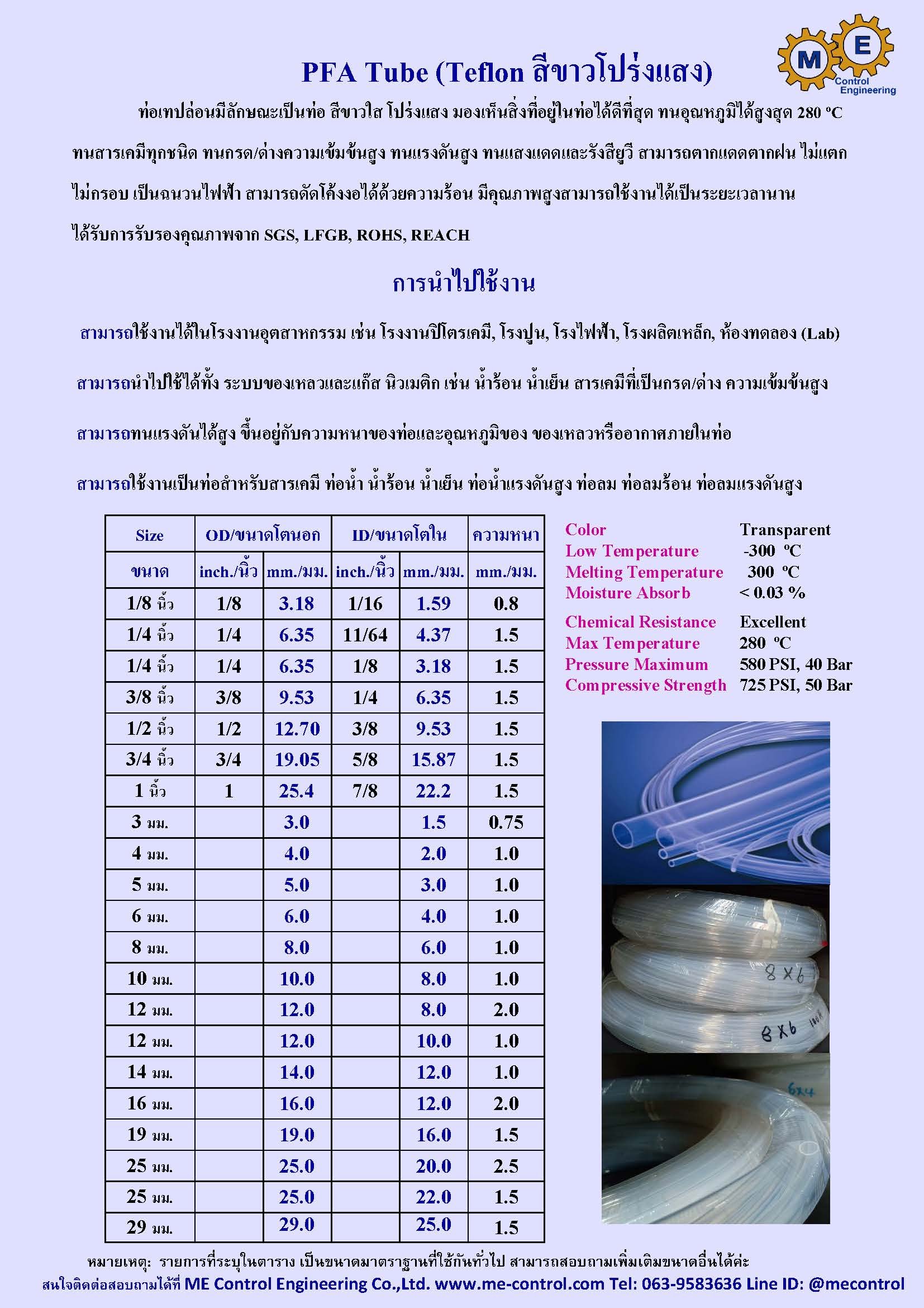 PFA Tube (Teflon สีขาวโปร่งแสง)