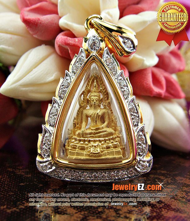 พระพุทธชินราชเนื้อทองคำ เลี่ยมกรอบทองคำล้อมเพชรแท้ ขนาดพอดีสวยน่ารัก น่าสะสมค่ะ