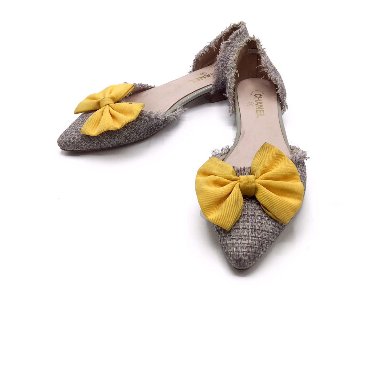 Used Chanel Tweed Shoes 38 in Yellow Bow - moppetbrandname