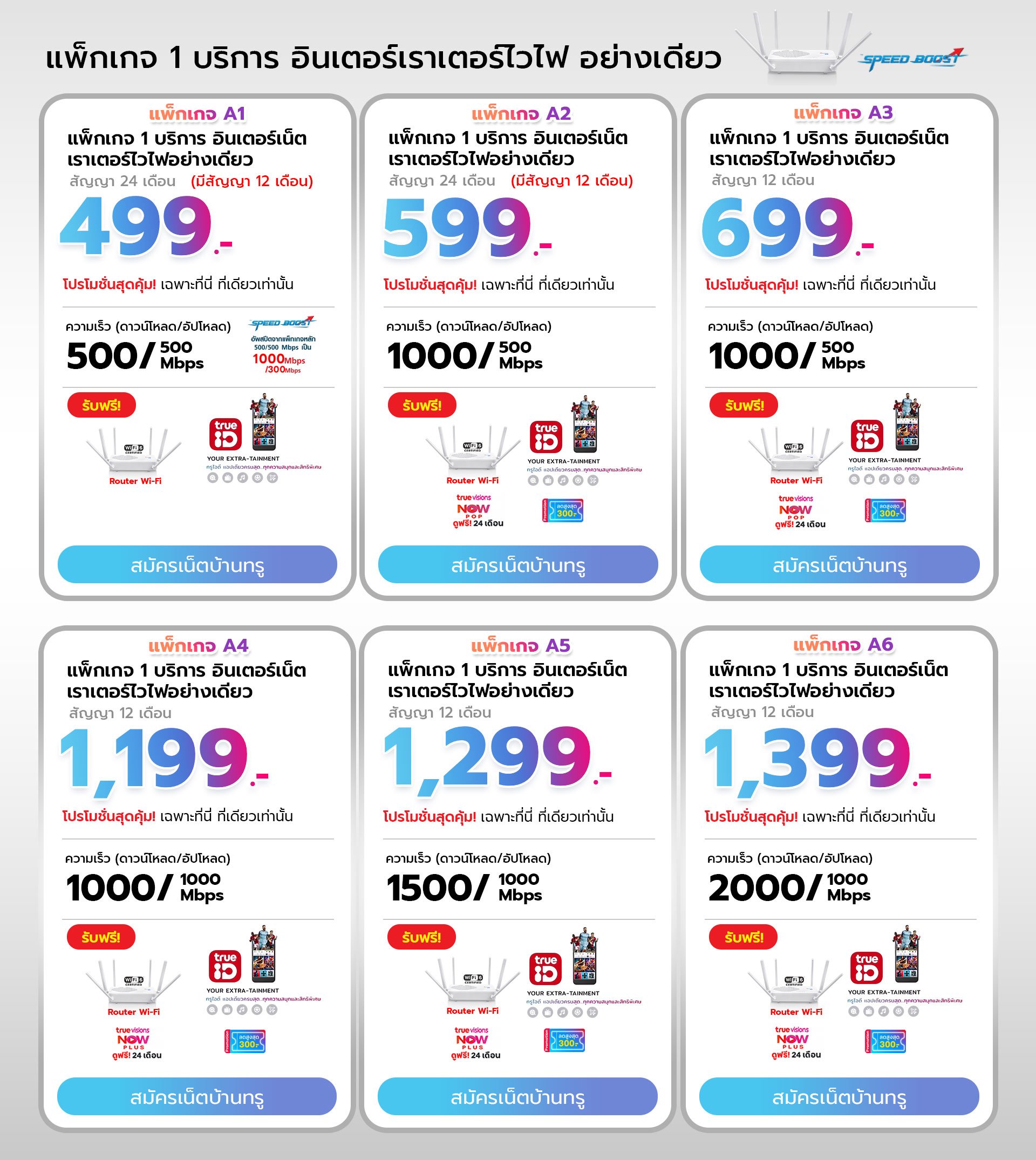 โปรโมชั่น ติดตั้งเน็ตบ้านทรู อินเตอร์เน็ตเราเตอร์ไวไฟ อย่างเดียว 