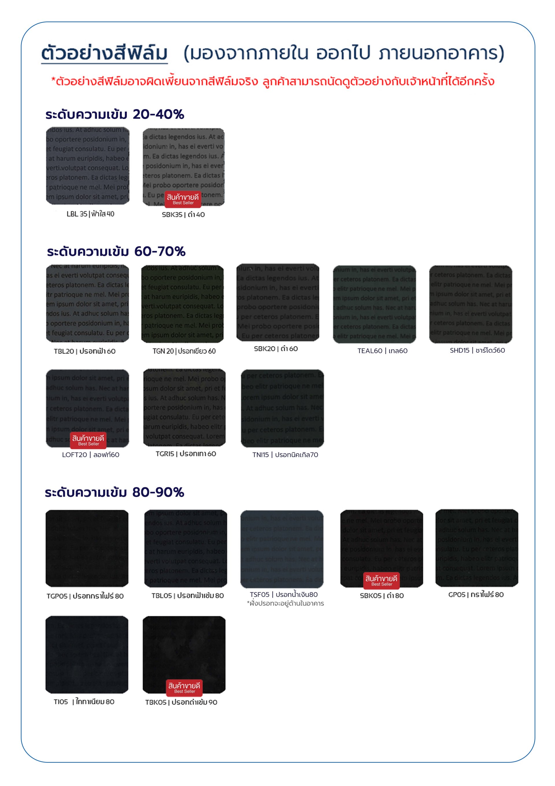 ตัวอย่างสีฟิล์มกรองแสง IZY-KOOL หลายรุ่นเมื่อมองจากภายในออกไปภายนอกอาคาร ตัวอย่างสีฟิล์มกรองแสง IZY-KOOL หลายรุ่นเมื่อมองจากภายในออกไปภายนอกอาคาร เพื่อเปรียบเทียบความมืดและความใสของทัศนวิสัย