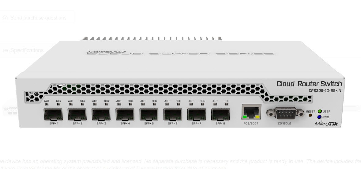 CRS309-1G-8S+IN : Cloud Router Switch 1 Gbe RJ45 port and 8 SFP+ 10Gbps ports ,RouterOS L5