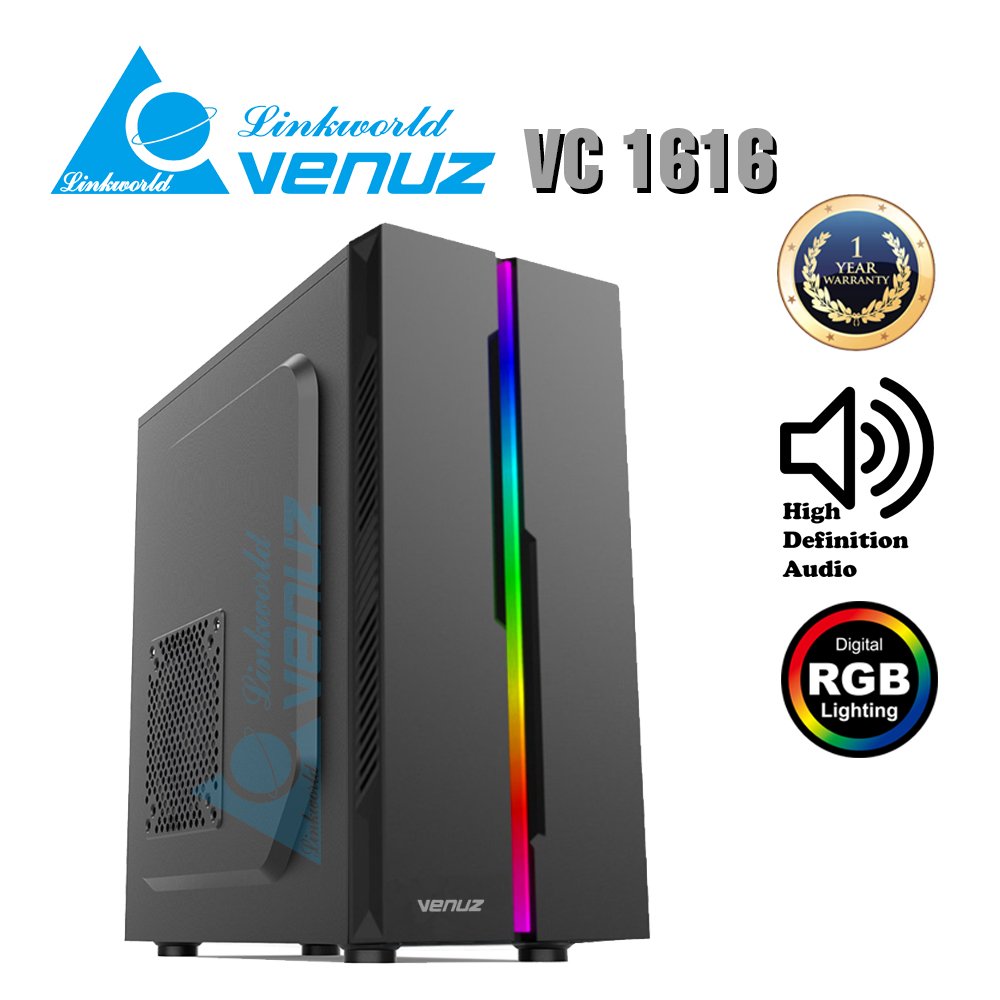 V Led Pattern Pc Case VENUZ ATX Computer Case VC 1616 with RGB LED Strip - Black