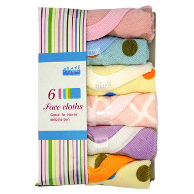 6 Pack m.ma.me. Cotton Hand & Face cloths with trim printed