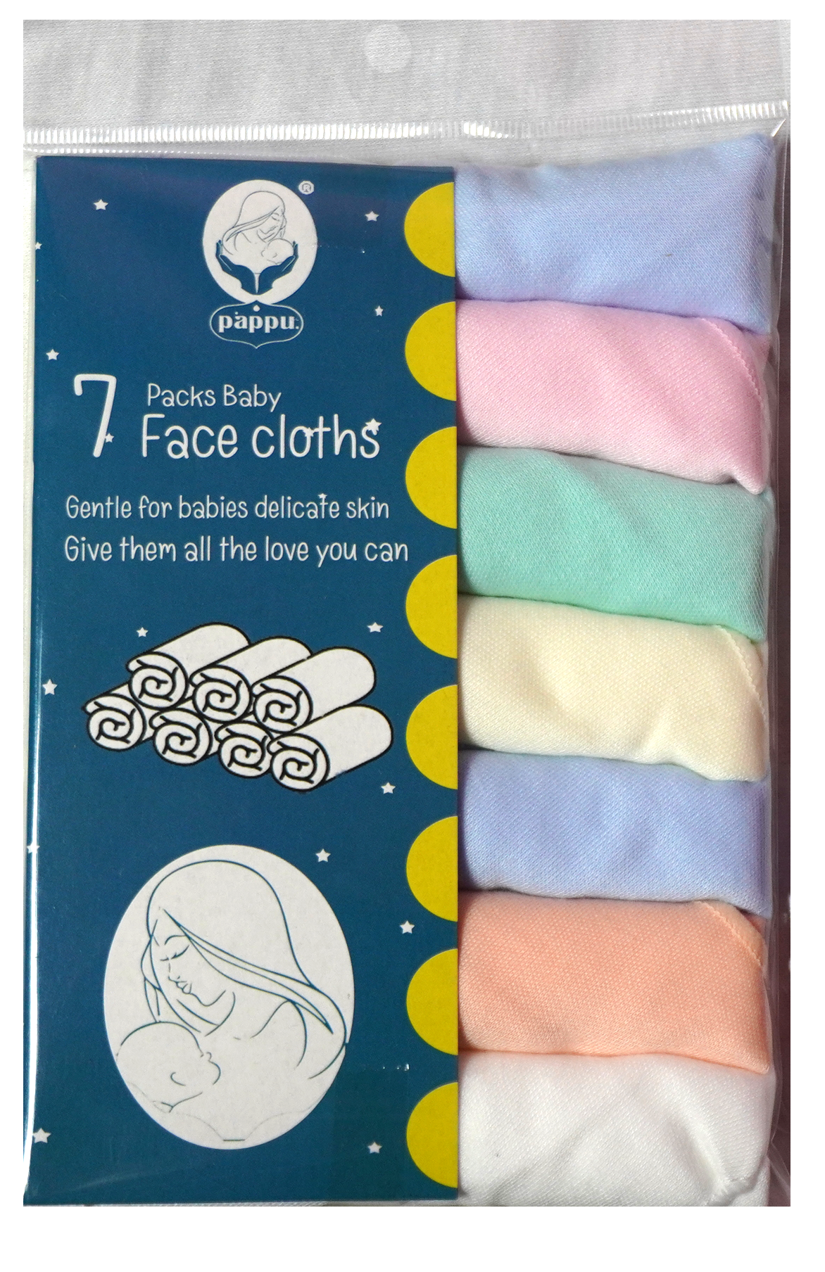 7 Pack Pappu Cotton Hand & Face cloths Plain Color
