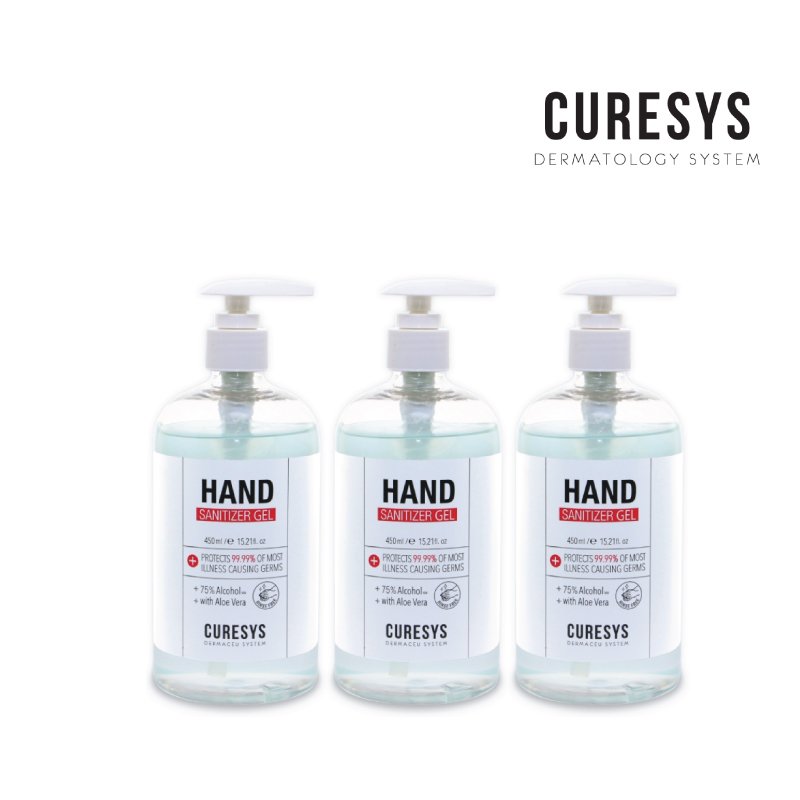 Curesys hand sanitizer gel 450ml alcohol 75% Pack3 เจลล้างมือ แอลกอฮอลล์ ขวดใหญ่ หัวปั๊ม 500มล. แพ็ค3ขวด (ขวดเจลล้างมือ, เจลแอลกอฮอล์)