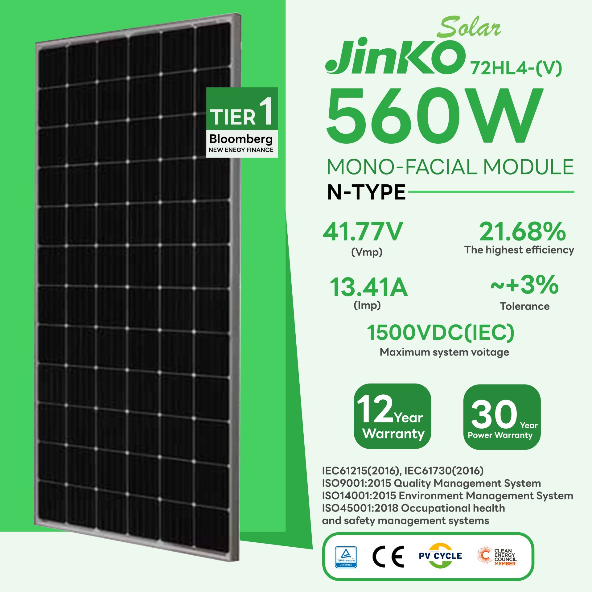 JINKO Solar PV Module 560W MONO HF (TiER1)